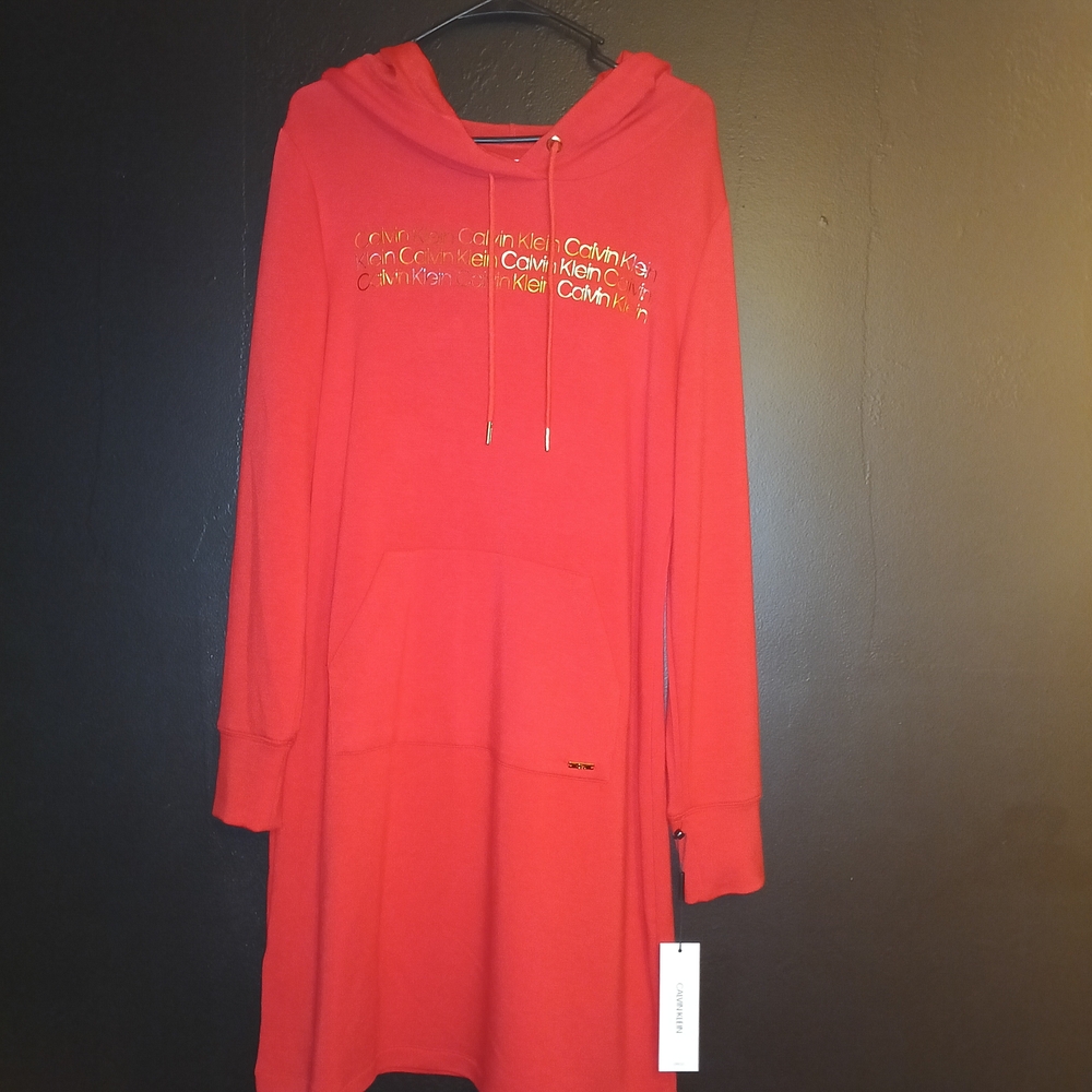 Calvin Klein Coral-Red Hoodie Dress with Gold Logo